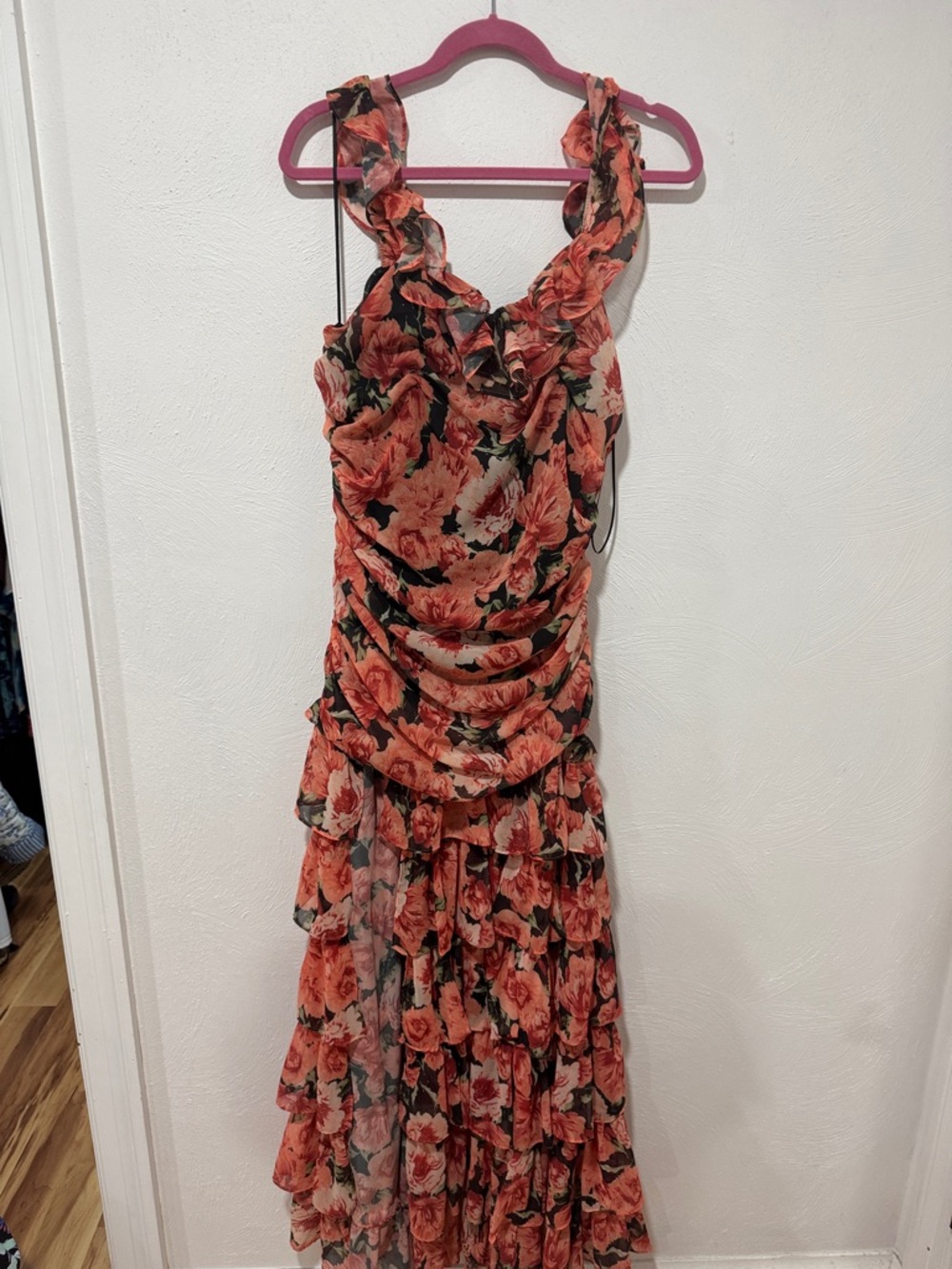 Luxxel Coral Floral Ruffle Maxi Dress
